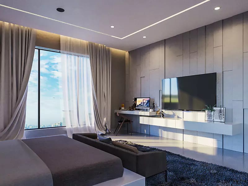 Bedroom with floor-to-ceiling window, wood-panelled wall, floating desk-and-media unit and charcoal bench, Hyderabad