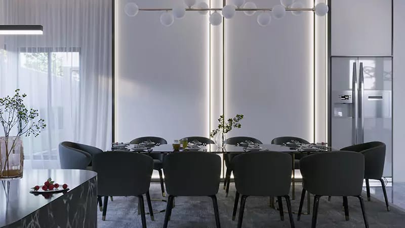 Modern dining room with charcoal upholstered chairs, marble table edge and backlit ribbed wall panels, Hyderabad