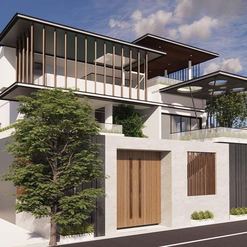 Modern Hyderabad home entrance render with vertical wood louvers, timber gate, circular roof cutouts and a mature tree at the boundary