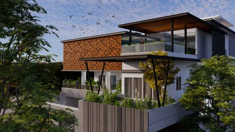 Corner exterior render of a modern home with patterned metal screen, cantilever roof, wood-slat boundary fence and surrounding trees, Hyderabad