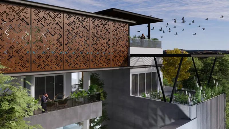 Close-up exterior render of a decorative perforated corten panel facade with rooftop balcony, planted ledges and birds over a Hyderabad home