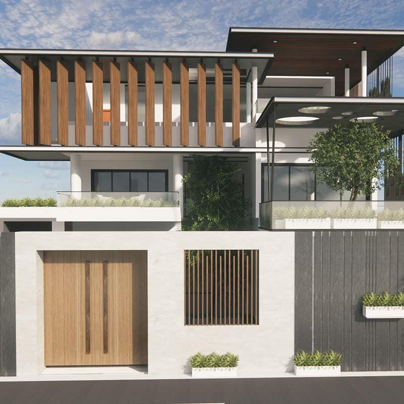Twin-block modern home front facade render with vertical wood-slat screens, textured white walls, pivot timber gate and planter boxes, Hyderabad
