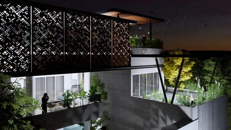 Dusk render of a Hyderabad home with illuminated balconies, lattice screen and warm interior glow set among lit trees