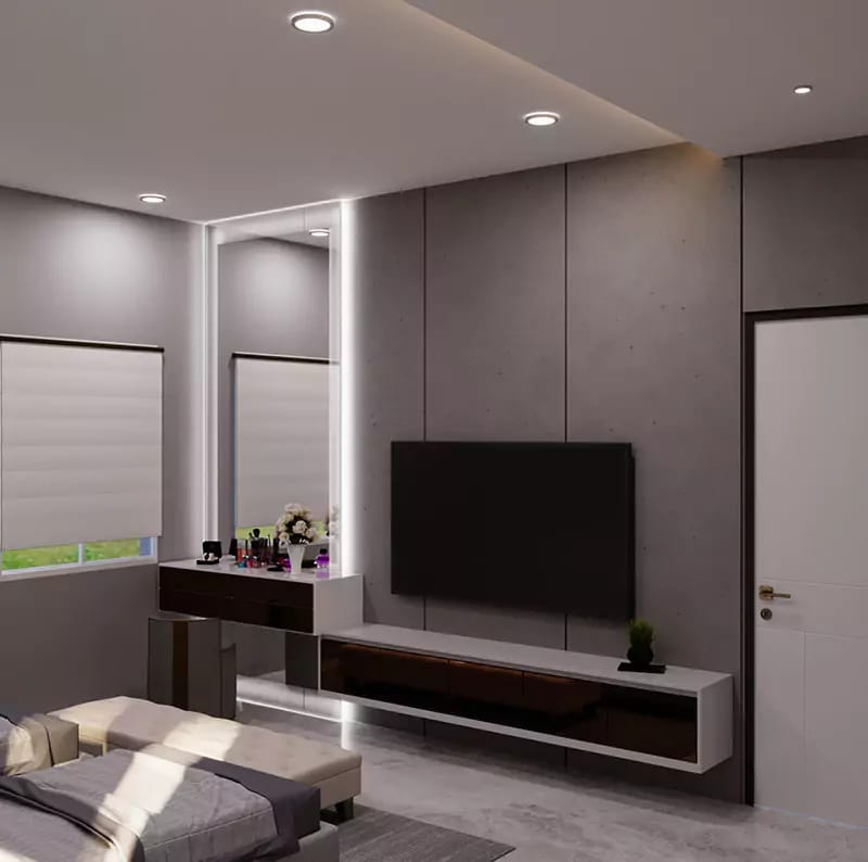 Bedroom TV unit in grey panelled wall with floating wood console, dressing table and mirror, Hyderabad