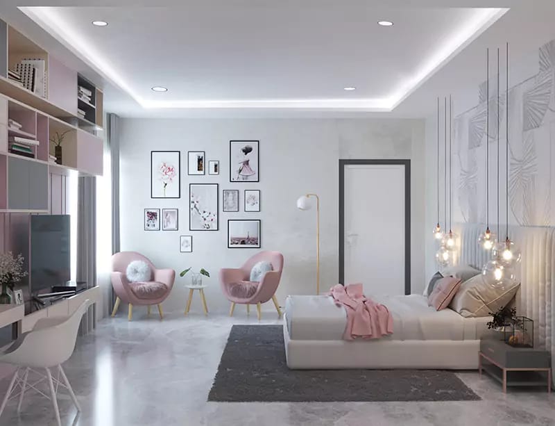 Pastel bedroom in Hyderabad with blush armchairs, cluster pendant lights, framed gallery wall and white platform bed