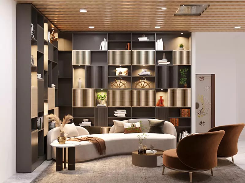 Living room with floor-to-ceiling fluted display shelving, curved cream sofa, brown leather chair and timber-slat ceiling, Hyderabad