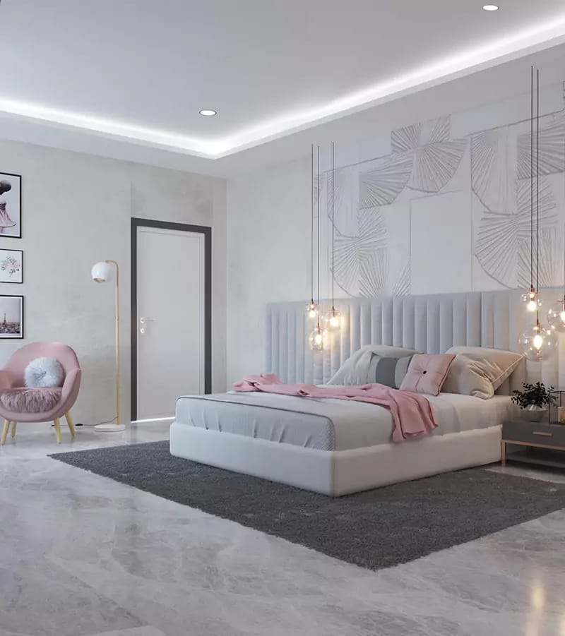 Serene bedroom with grey channel-tufted headboard, pink throws, marble floor and floral wall art, Hyderabad full home