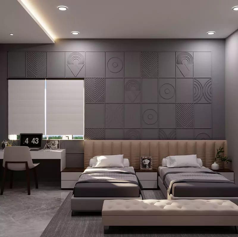 Twin-bed kids room with sculpted 3D grey feature wall, upholstered headboard, study desk and tufted bench, Hyderabad