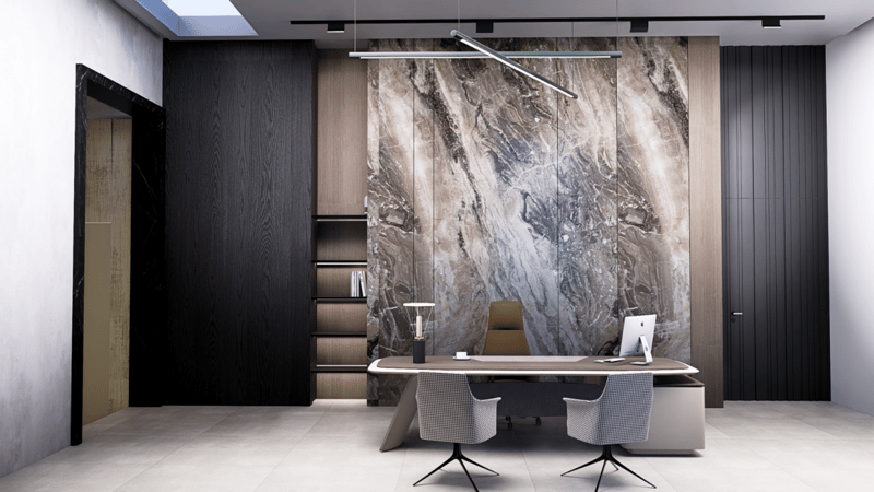 Home office with dramatic blue-grey veined marble feature wall, leather desk, two chairs and linear pendant, Hyderabad