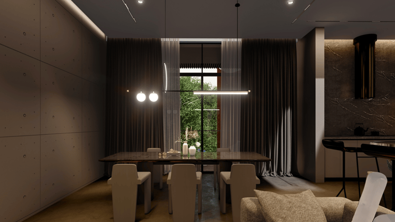 Dim dining room with upholstered chairs, linear suspension light and curtained window framing greenery, Hyderabad