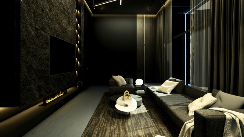 Blacked-out home-theatre lounge render with sectional seating, low table and concealed cove lighting, Hyderabad