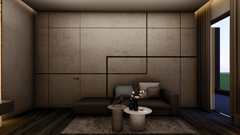 Lounge with concrete grid-panelled wall, low brown sofa and round nesting stone tables on a textured rug, Hyderabad
