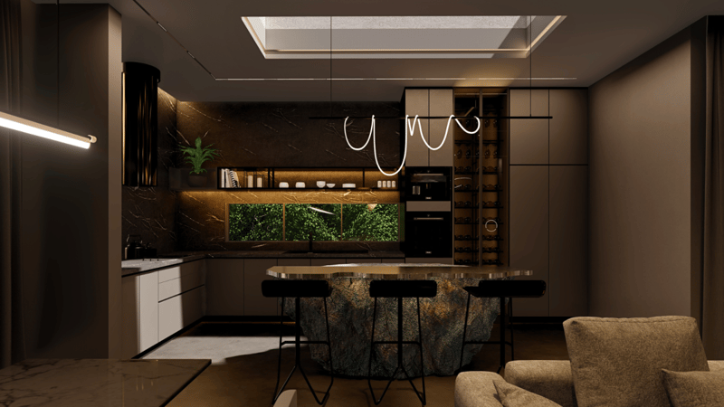 Low-lit kitchen with vertical-garden backsplash, skylight, slim bar stools and built-in ovens, Hyderabad home