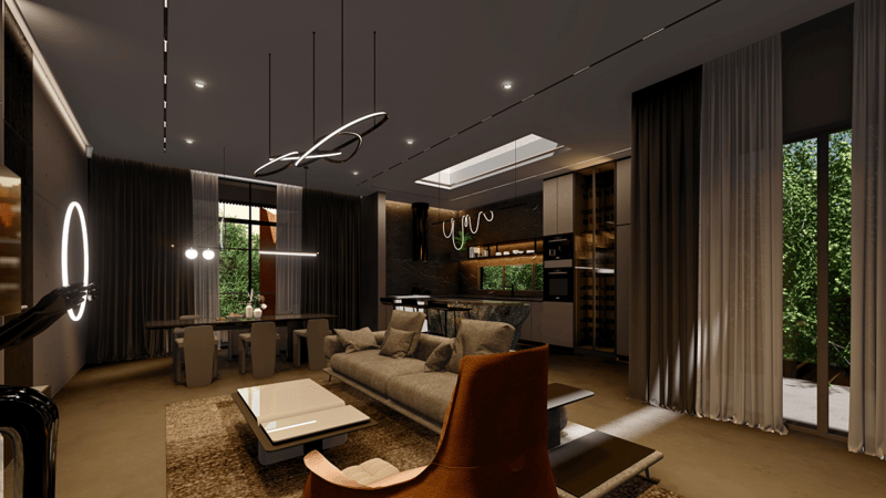 Warm low-lit living and dining render with grey sofa, tan leather chair, sculptural pendants and rear bar, Hyderabad