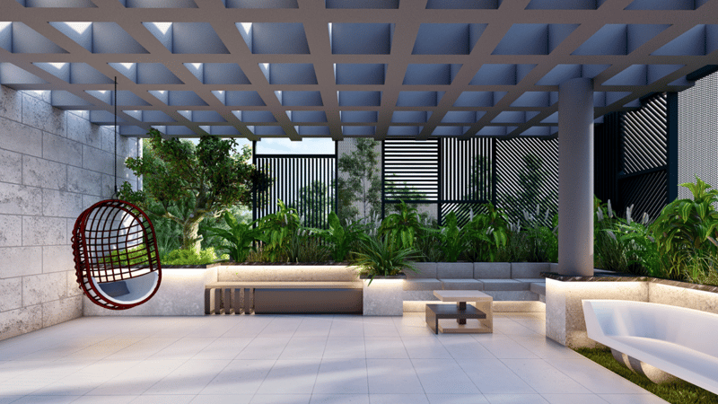 Covered terrace lounge with a hanging egg chair, backlit stone bench, low table and raised planters under a pergola, Hyderabad