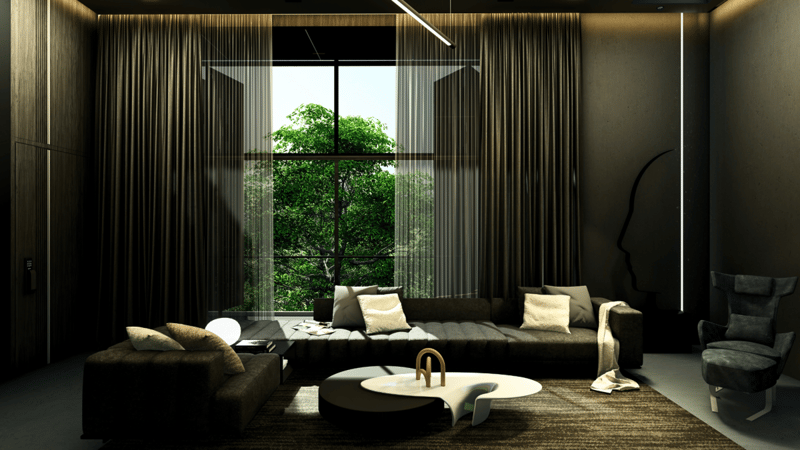 Dark luxury living room render with floor-to-ceiling drapes, low charcoal sofa and round stone coffee table by a tall window