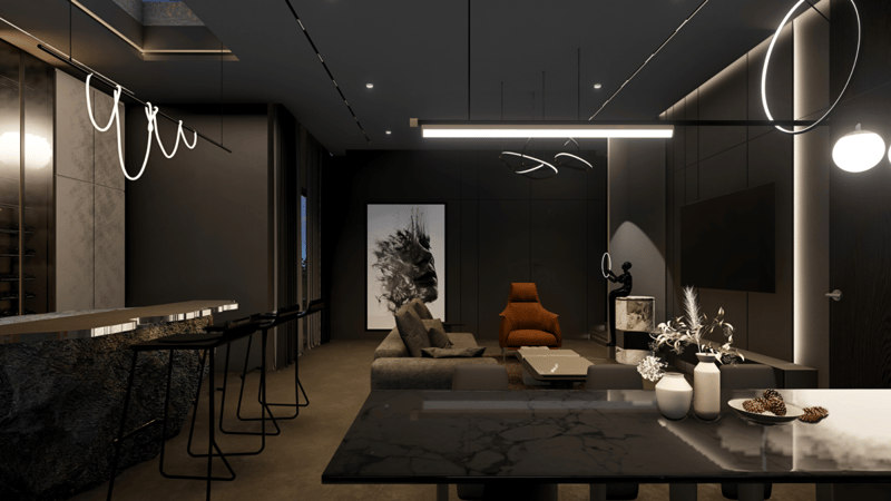 Dark lounge render with marble breakfast bar, charcoal stools, tan accent chair and abstract artwork, Hyderabad