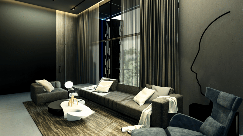 Moody lounge render with charcoal modular sofa, wingback chairs, jute rug and a wire face-profile wall sculpture, Hyderabad