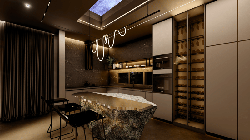 Dark modern kitchen with backlit wine racks, live-edge stone waterfall island and neon squiggle pendant, Hyderabad