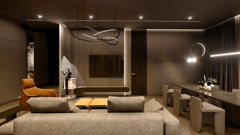 Dramatic living-dining render with grey sectional, tan chair, ribbon pendant light and panelled TV wall, Hyderabad
