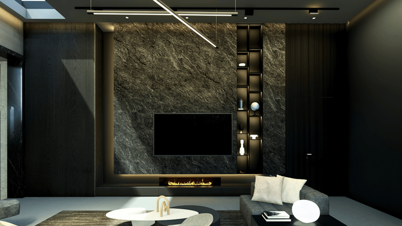 Dark living room render with stone-clad TV feature wall, linear fireplace and recessed display niches, Hyderabad