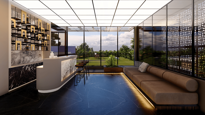 Rooftop bar lounge with marble counter, bench seating, glazed walls and laser-cut jali screen at dusk, Hyderabad