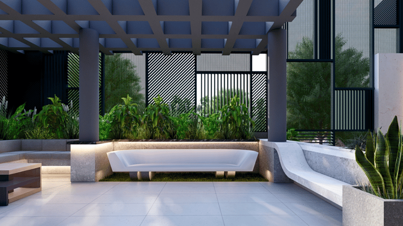 Covered terrace with a sculptural white bench, raised stone planters, pergola roof and perforated privacy screens, Hyderabad