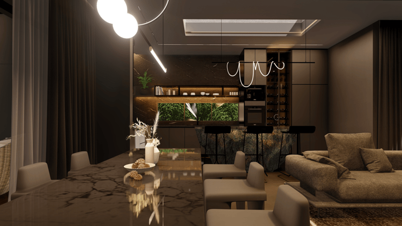Open-plan lounge with glossy veined-marble dining table, sectional sofa and warm cove lighting, Hyderabad home