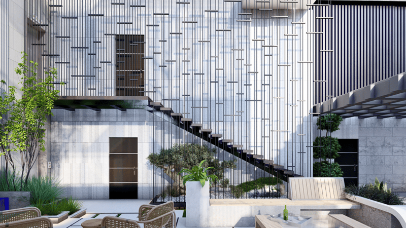 Courtyard exterior with vertical metal-slat facade, floating cantilevered staircase and woven rattan lounge seating, Hyderabad