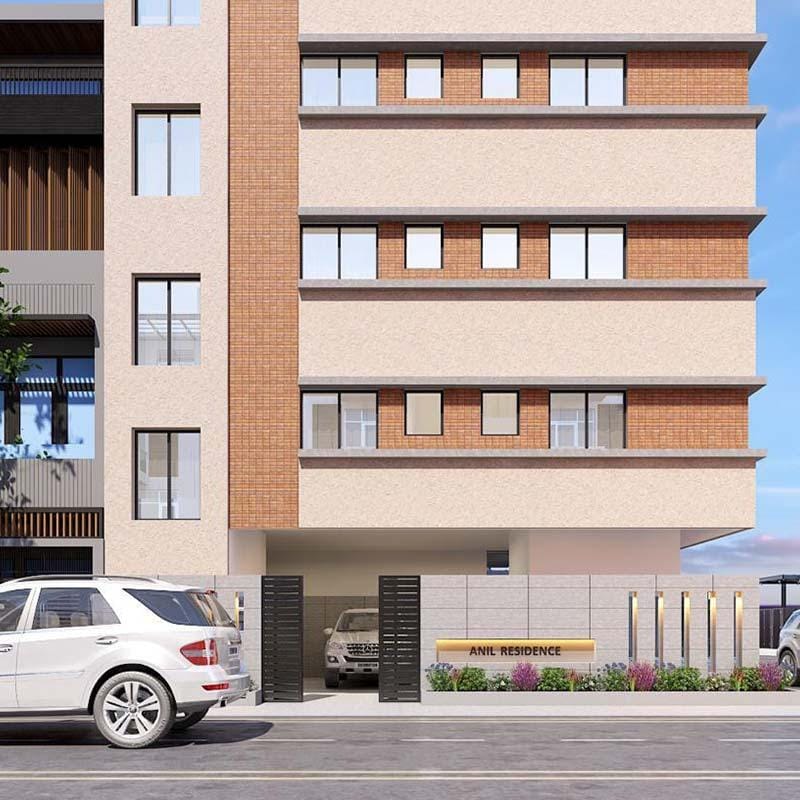 Render close-up of an apartment facade with brick banding, stacked windows and a gated stilt car park, Hyderabad