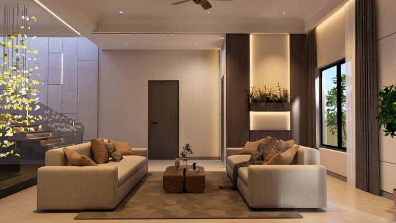 Twin facing sofas, mustard cushions and a backlit niche planter against a dark accent wall, Hyderabad living room