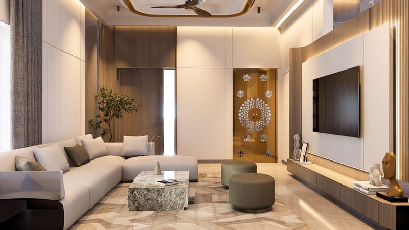 L-shaped cream sofa, marble coffee table and a sunburst feature set into warm wood paneling, Hyderabad living room