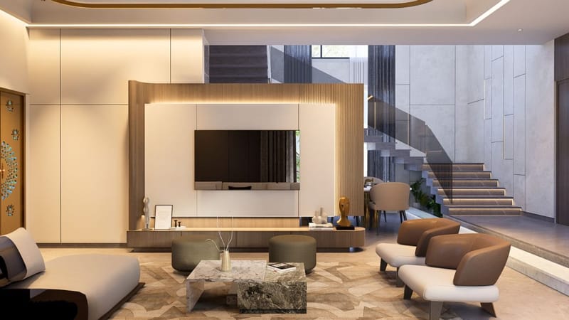 Living room with backlit wood-and-white TV panel, stone coffee table and floating staircase, Hyderabad full-home design