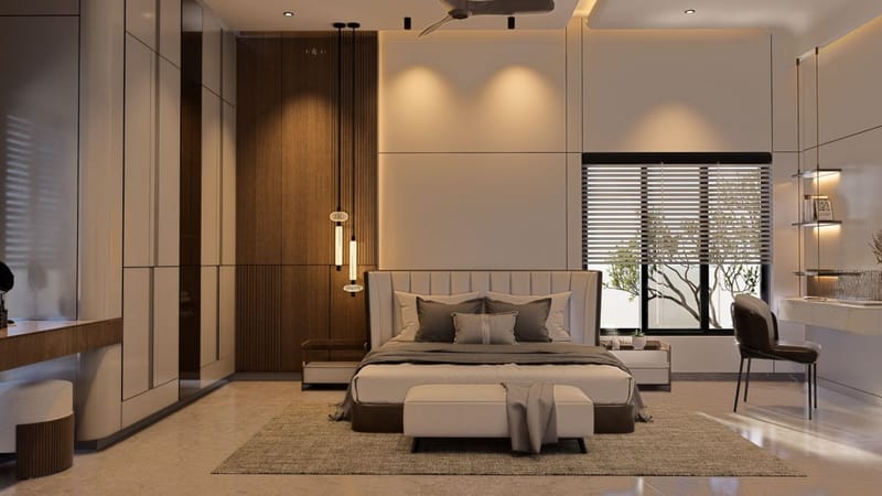 Bedroom with upholstered headboard, wood wardrobe, pendant lights and a bench by a blinds-fitted window, Hyderabad