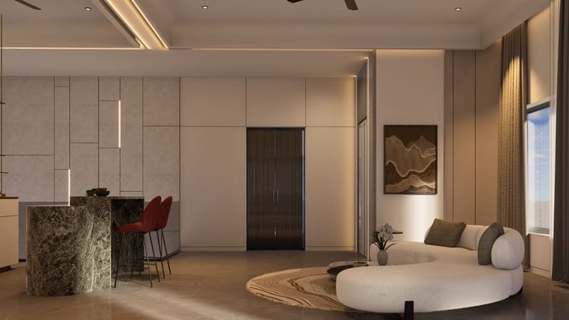 Round boucle sofa, fluted entry door and a green-marble breakfast bar with red stools, Hyderabad full-home living space