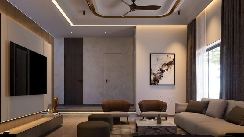Double-height living room with wall-mounted TV, abstract framed art and a grey sectional under a circular ceiling, Hyderabad