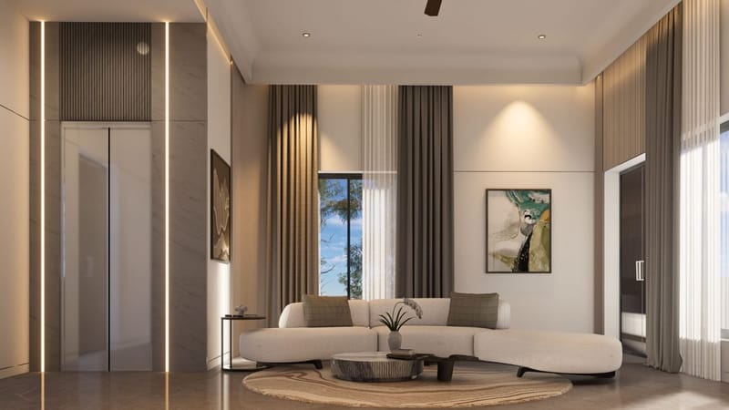 Curved boucle sofa, marble-clad lift door and tall drapes flanking abstract art in a double-height Hyderabad living room