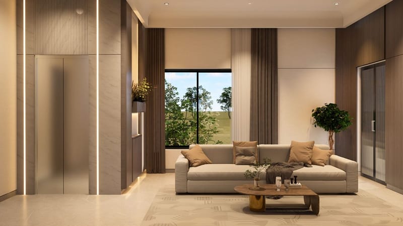 Beige sofa and round wood coffee table by a garden-view window, framed in vertical wood paneling, Hyderabad living room