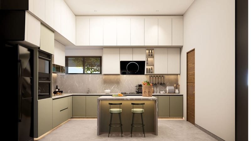 Modern kitchen with olive-green base units, white overheads, marble backsplash and island bar stools, Hyderabad