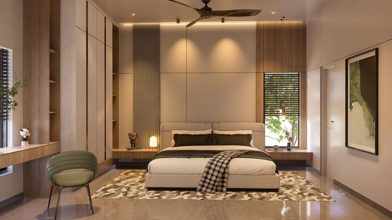 Contemporary bedroom with fluted wall panel, walnut accents, green accent chair and a patterned rug, Hyderabad
