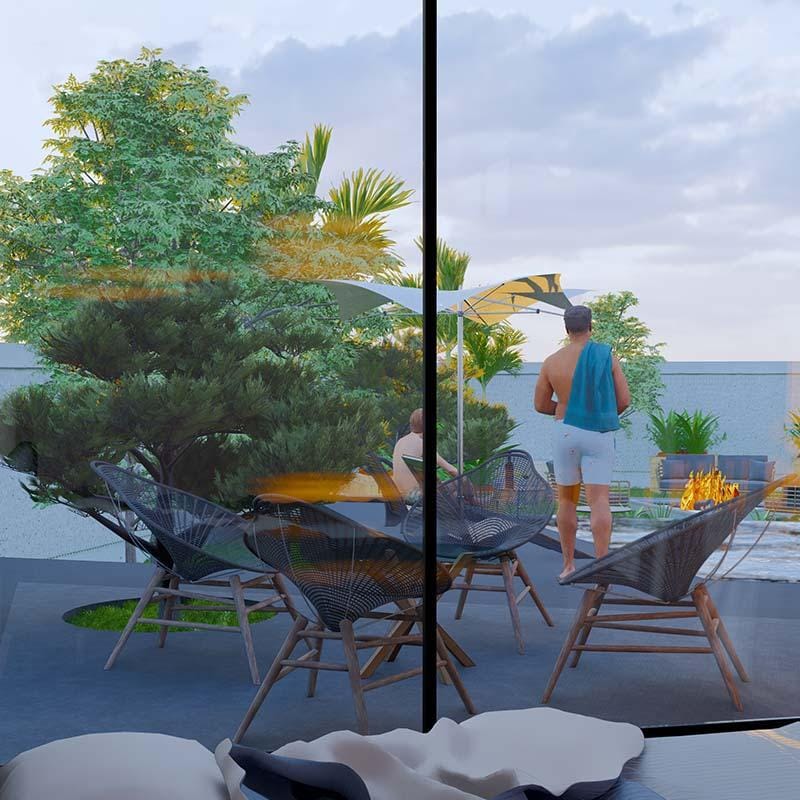 Terrace dining render with black woven chairs, shade sail and fire pit under a tree, Hyderabad container house