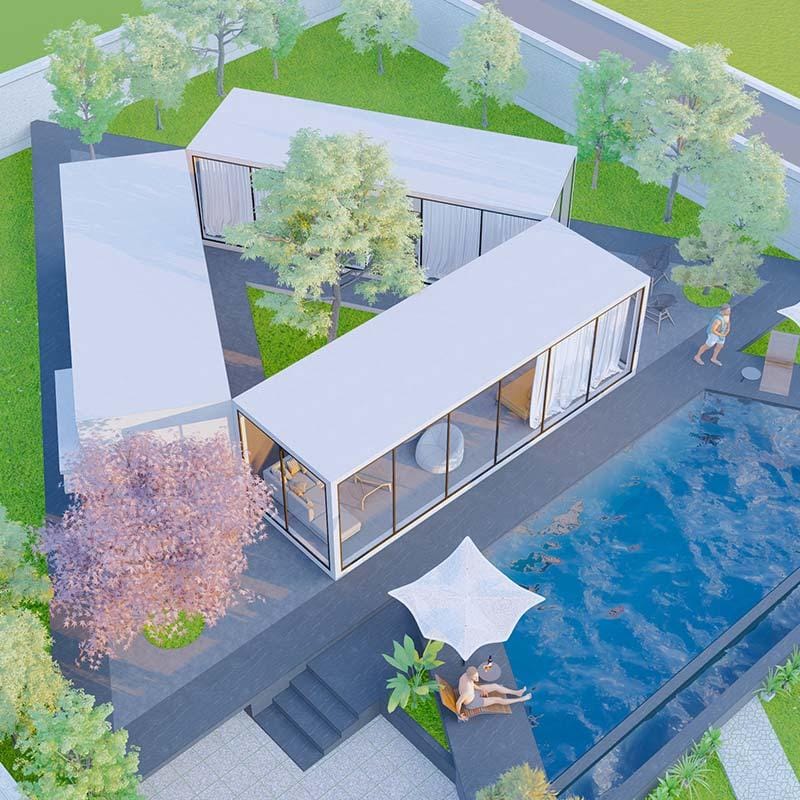 Aerial render of two glass container houses set in a garden with a koi pool and parasol deck, Hyderabad