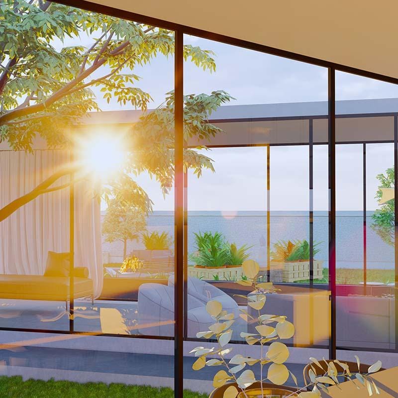 Glass-facade living pavilion render opening to a sea view with curtained daybed and sunset light, Hyderabad