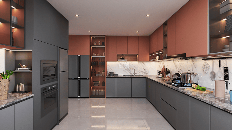 Modular kitchen in Hyderabad with grey and terracotta cabinets, marble backsplash and granite counters