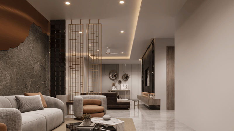 Backlit jali partition dividing a neutral lounge, with layered cove ceiling lighting and soft seating, Hyderabad