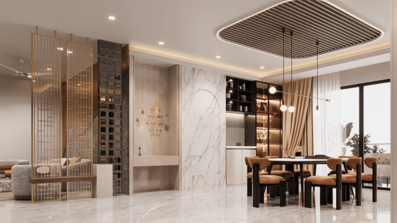 Open-plan living and dining with a gold jali screen, marble pooja niche and tan leather chairs, Hyderabad