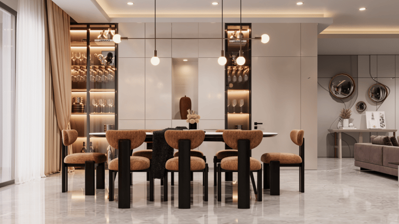 Wide dining area with tan chairs, backlit glass display units, a mirrored console and marble flooring, Hyderabad