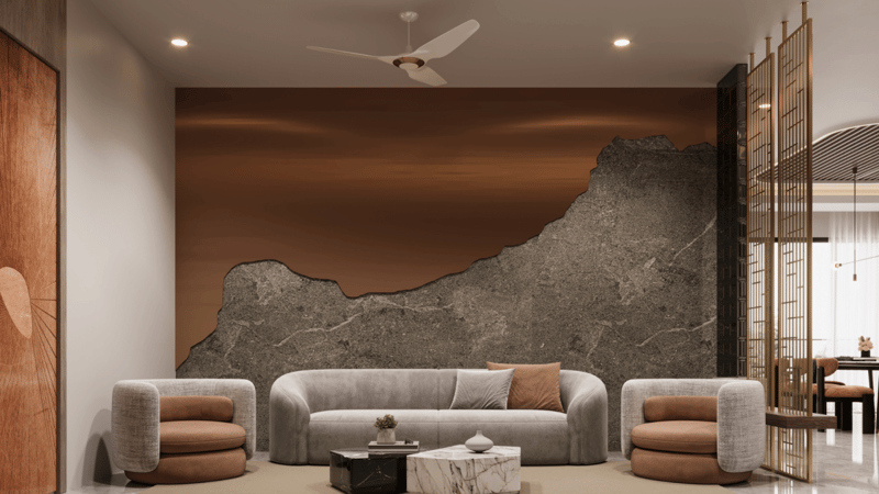 Living room with a dramatic wood-and-grey-stone feature wall, curved cream sofa and rust ottomans, Hyderabad
