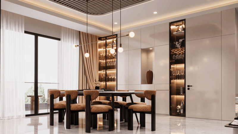 Dining nook with rust upholstered chairs, a black-leg table and an illuminated glass bar cabinet beside sheer drapes