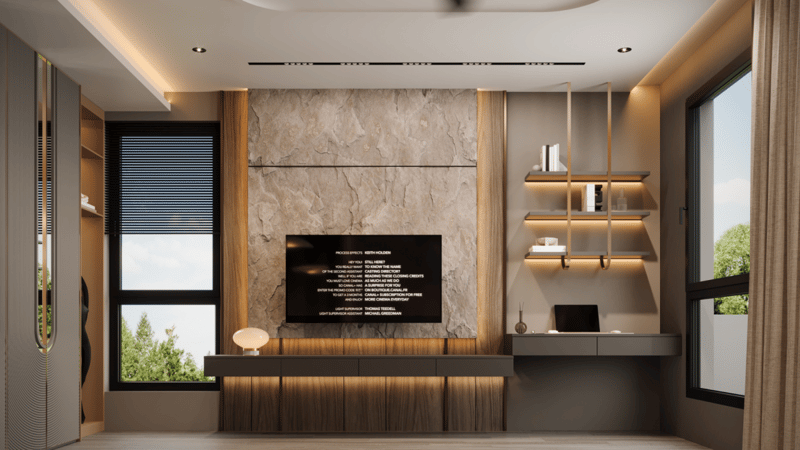 Bedroom TV wall in stone with a fluted wood console, floating shelves and a built-in study desk, Hyderabad